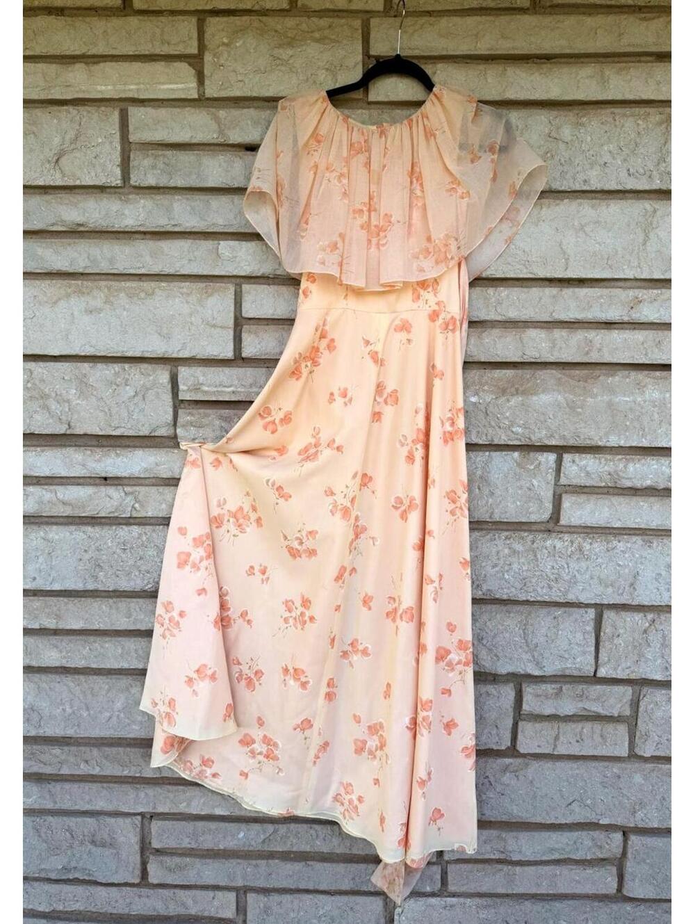 Vintage Peach Floral Maxi Dress with Sheer Cape Overlay and Waist Tie